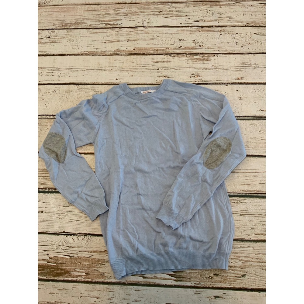 Monoprix Kids Light Blue Crewneck Sweater Grey Elbow Patches Size 14 Knit